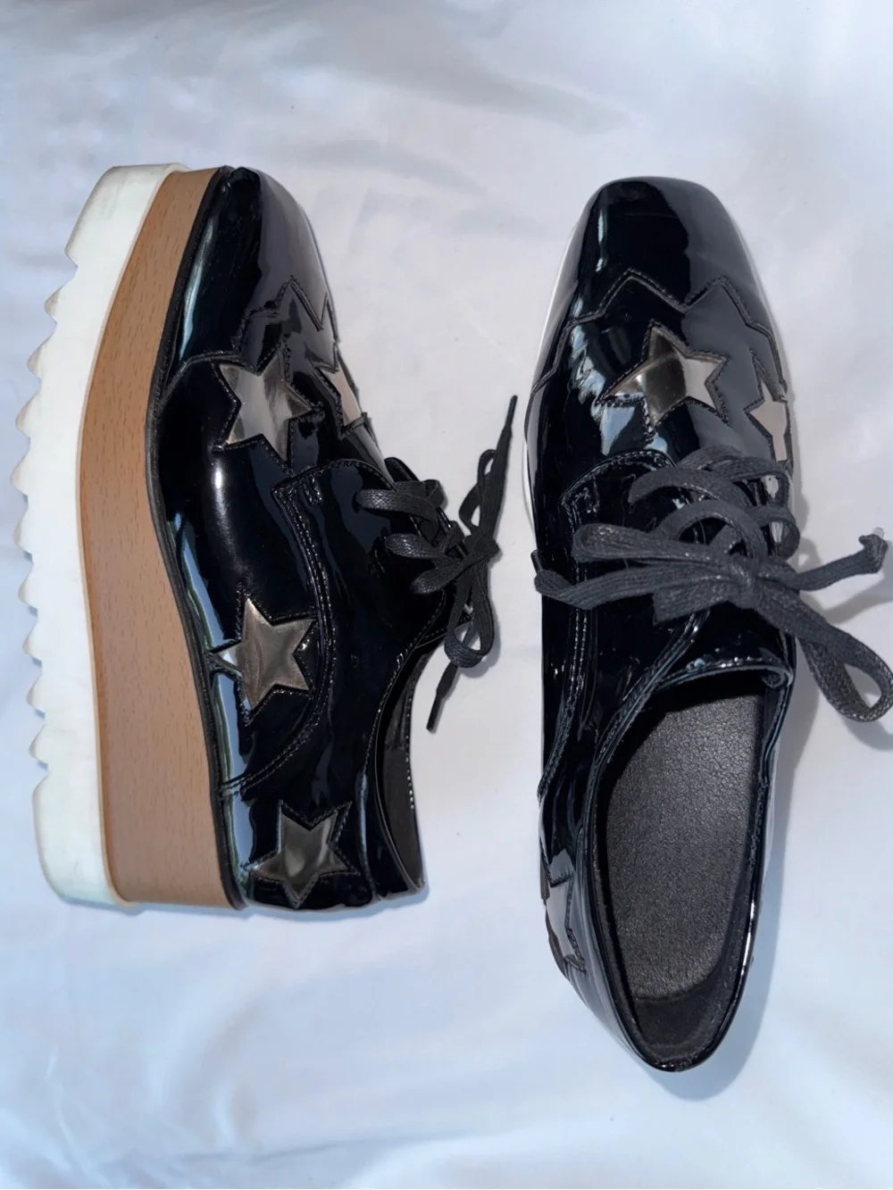 Designer inspired Black Patent Platform Lace-Up Shoes with Star Accents